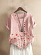 Floral Print Button O-neck Short Sleeve Casual T-Shirt For Women - Pink