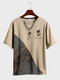 Mens Ethnic Totem Rose Japanese Print Patchwork Short Sleeve T-Shirts - Khaki