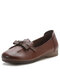 Socofy Leather Vintage Bow Pleated Soft Sole Non-Slip Casual Flats - Brown