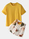 Women Softies Pajamas Short Set Print Bottom Casual O-Neck Sleepwear With Plain Fungus Trim Sleeve Top - Yellow