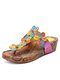 Scocofy cuir véritable fait à la main confortable vacances d'été bohème ethnique Colorful décor floral tongs sandales compensées - Multicolore