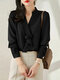 Solid Ruffle Stand Collar Long Sleeve Blouse For Women - Black