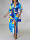 Langärmliges Maxihemd mit Knöpfen und Geo-Farbblockmuster Kleid - Blau