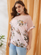 Mesh Patchwork Floral Print O-neck Short Sleeve Plus Size Blouse for Women - Pink