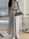 Solid Long Sleeve Pleated Crew Neck Maxi Dress For Women - Gray
