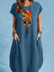 Kurzärmlige Tasche mit Porträtaufdruck Rundhalsausschnitt Vintage Kleid - Blau