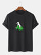 Mens 100% Cotton Cartoon Dinosaur Letter Print Loose Casual T-Shirt - Black