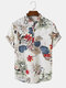 Mens Cotton Tropical Plants Print Short Sleeve Henley Shirt - Beige