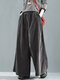 Corduroy Solid Color Elastic Waist Pocket Wide Leg Loose Pants - Gray