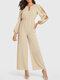 Solid Color Elastic Waist Hollow Long Sleeve Casual Jumpsuit for Women - Khaki