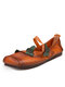 Socofy Genuine Leather Handmade Retro Ethnic Soft Comfy Hook & Loop Butterfly Embellished Mary Jane Shoes - Orange