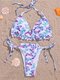 Women Colorful Butterfly Print Frill Trim Tie Halter Micro Bikinis Swimwear - White