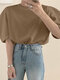 Puff Sleeve Crew Neck Solid Keyhole Back Blouse - Brown