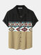 Mens Ethnic Geometric Print Patchwork Corduroy Short Sleeve Shirts - Black