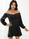 Solid Ruffle Irregular Off-shoulder Long Sleeve Casual Dress - Black