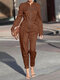 Solid Color Front Zipper Long Sleeve Jumpsuit For Women - Coffee