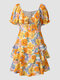 Flower Ruffle Layered Knotted Puff Sleeve Western Retro Dress - Yellow