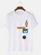Mens Cartoon Astronaut Rocket Print O-Neck 100% Cotton T-Shirt - White