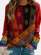 Ethnic Print O-neck Long Sleeve Regular Plus Size Sweatshirt - Red