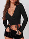 Solid Drawstring Long Sleeve V-neck Crop Top Women - Black