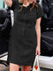 Women Solid Lapel Button Front Short Sleeve Cargo Dress - Black