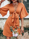 Solid Cut Out Bow Deep V-neck Half Sleeve Dress - Orange