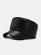 Men PU Plus Velvet Solid Color Built-in Ear Protection Windproof Cold Protection Military Cap Flat Cap - Black