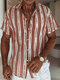 Mens Contrasting Colors Striped Lapel Collar Short Sleeve Shirts - Rust