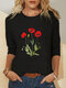 T-shirt décontracté à manches longues et col rond avec broderie de fleurs pour femme - Noir