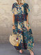 Robe à manches courtes en coton à col rond et imprimé vintage pour femmes - bleu