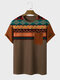 Mens Ethnic Geometric Print Chest Pocket Patchwork Short Sleeve T-Shirts - Brown