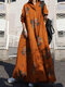 Vestido vintage floral estampado grande balanço manga longa de algodão puro - laranja