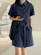 Solid Button Front Pocket Cargo Shirt Dress With Belt - Navy