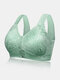 Women Wireless Front Zipper Gather Lace Trims Breathable Comfy Wide Straps Bra - Green