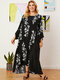 Asymmetrical Floral Print O-neck Long Sleeve Plus Size Dress - Black