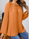 Blusa feminina sólida plissada com decote redondo casual manga comprida - laranja
