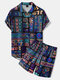 Mens Colorful Tribal Geometric Print Lapel Ethnic Two Pieces Outfits - Blue