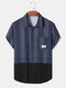 Mens Contrast Pinstripe Patchwork Hem Daily Short Sleeve Shirts - Navy