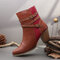 Splicing Buckle Decor Casual Side Zipper Chunky Heel Ankle Boots - Brown