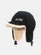 Unisex Lambswool Plush Letters Embroidery Thickened Ear Protection Autumn Winter Warmth Curved Brim Trapper Hat - Black