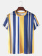 Mens Vertical Stripes Print Loose Casual Breathable Round Neck T-Shirts - Yellow