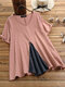 Patchwork V-neck Short Sleeve Plus Size Casual Blouse - Pink