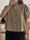 Solid Puff Sleeve Button Front V-neck Casual Blouse - Khaki