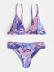 Women Print Bikini Spaghetti Straps Backless Triangle Swimsuit Beachwear - Purple