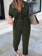 Solid Color V-neck Casual Long Sleeve Jumpsuit For Women - Army Green