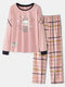 Plus Size Women Cotton Cartoon Animal Letter Print Cute Long Pajama Sets - Pink