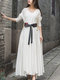 Cotton Linen Swing Skirt Stitching Long-sleeved Dress - White