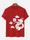 Camisetas masculinas de manga curta com estampa chinesa Dragão com gola redonda - Vermelho