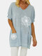 Flower Printed Short Sleeve V-neck T-shirt For Women - Light Green