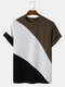 Mens Knit Color Block Panel Patchwork Loose Preppy Short Sleeve T-Shirts - Coffee